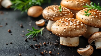 Fresh brown mushrooms with rosemary sprigs and peppercorns on black background.