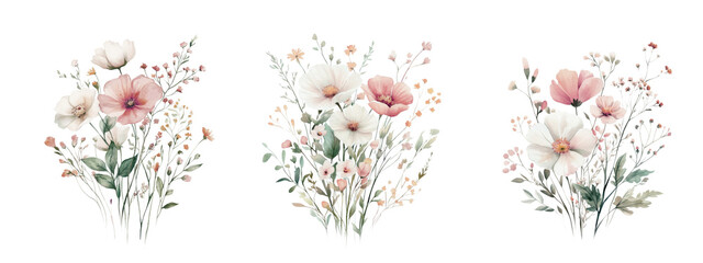 Wildflowers floral watercolor collection set - bouquet, border, frame. Wild fields herbs flowers, leaves, branches. Illustration, wedding stationery, wallpapers, fashion, textile, prints, baby shower.