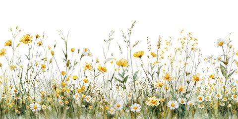 Wildflowers floral watercolor seamless border on white background. Wild fields herbs flower bouquet frame pattern. Illustration, wedding stationery, wallpapers, fashion, textile, prints, baby shower.