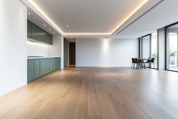 Obraz premium Modern minimalist kitchen and living room design with natural light and elegant finishes