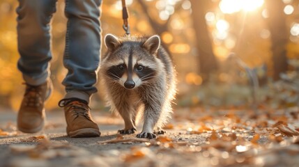Fototapeta premium As sunlight filters through the trees, a raccoon playfully walks beside its owner, surrounded by a vibrant carpet of autumn leaves