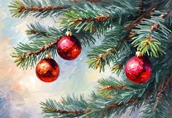 Fototapeta premium Colorful Christmas decorations adorn the branches of a spruce tree, vibrant balls in shades of red and pink, embodying holiday cheer in winter. Happy New Year art drawing background. Generative AI