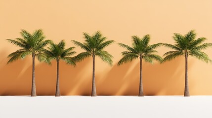 Fototapeta premium Five palm trees lined against a warm orange wall, minimalist design.