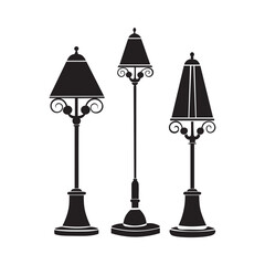 Lamp silhouette icon set. Black color logos floor lamp, nightlights, chandeliers ceiling lamp, table lamp. Modern interior light furniture