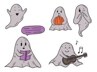 Set of different ghosts. Hand drawn vector flat illustration. Female, singing, playing guitar spook, holding pumpkin in witch's hat. Halloween characters, decorations, greeting card design, sticker