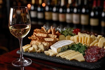 Glass of white wine accompanying cheese board with variety of cheeses