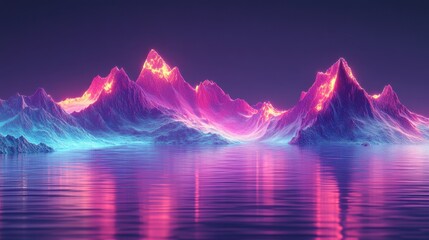 neon 3d abstract landscape virtual reality metaverse world, background with glowing geometric shapes and seascape, terrain, neon water, heavy glow, panoramic view, futuristic world, colorful glow