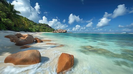 Turquoise water lapping on idyllic beach in seychelles