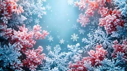 Delicate snowflakes fall gently over a frosty landscape, creating a mesmerizing scene of winter’s beauty. The soft hues of blue and pink ice crystals shimmer against the cold air.