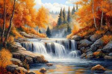 Waterfall cascading through autumn forest landscape painting