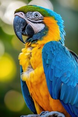 Obraz premium Blue-and-yellow macaw posing with bright blue and yellow feathers