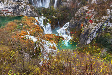 Palace of Waterfalls and Emerald Lakes. Plitvice Lakes National Park in Croatia
