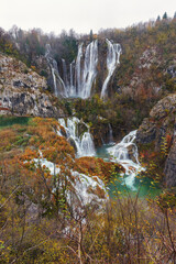 Palace of Waterfalls and Emerald Lakes. Plitvice Lakes National Park in Croatia. Vertical photo