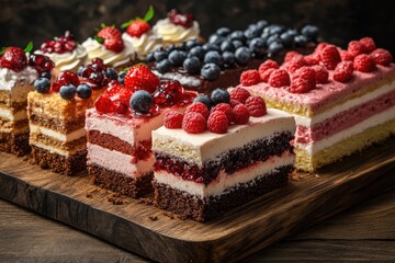 Delicious cakes with fresh fruit toppings sitting on wooden platter