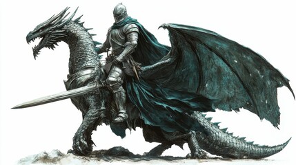 Fototapeta premium Illustration for a knight in shining armor riding a dragon