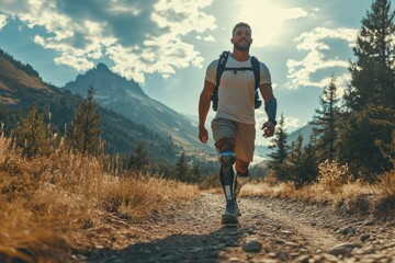 Young disabled athlete with prosthetic leg hiking on mountain trail