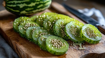 Close-up of sliced bitter gourd rings with seeds exposed, arranged on a wooden cutting board with a knife and a whole gourd in the background. --chaos