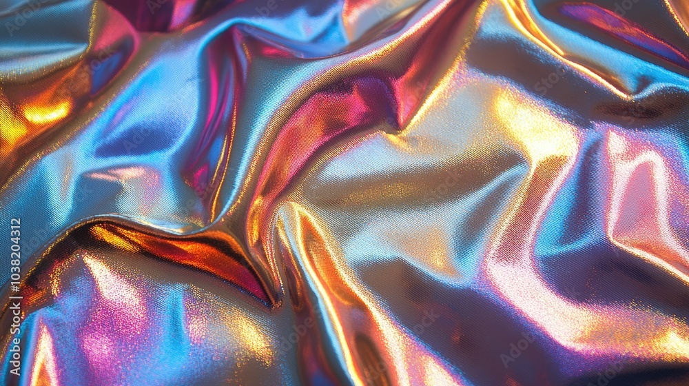 Poster holographic iridescent wrinkled foil fabric texture background shimmering in different colors