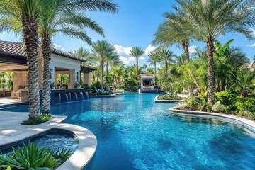 Obraz premium Modern backyard with infinity pool overlooking desert landscape