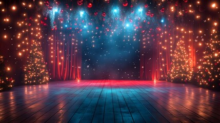 The beautifully decorated stage is ready for the festive celebration, decked out with twinkling lights, Christmas trees and New Year's decor. A welcoming space for a joyful evening of music and fun.
