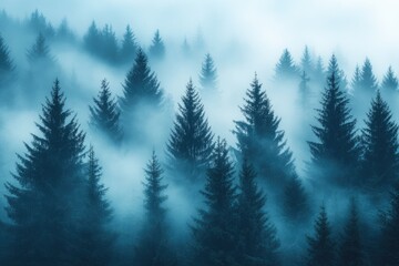 Aerial view of evergreen pine forest covered in fog at sunrise
