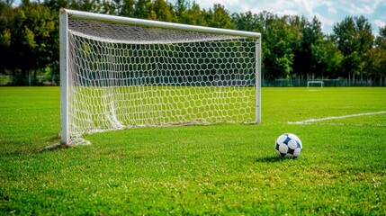 A soccer goal net with soccer ball in the corner, outdoor setting on a grass field, Vibrant style