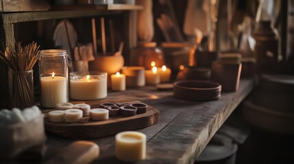 Fototapeta premium A cozy candle-making station in a rustic cabin, Wax and molds meticulously organized, Warm and inviting style