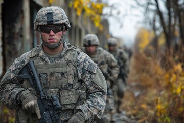 Fototapeta premium Soldier holding rifle leading squad in forest