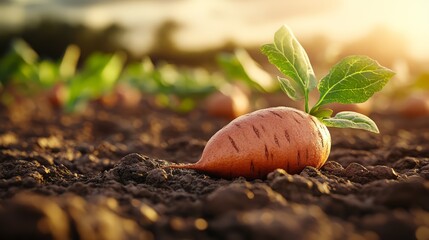 Fresh carrot growing in a rich, dark soil with vibrant green leaves around it.