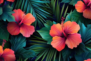 A vibrant pattern featuring hibiscus flowers and tropical foliage, ideal for textiles or decorative designs.