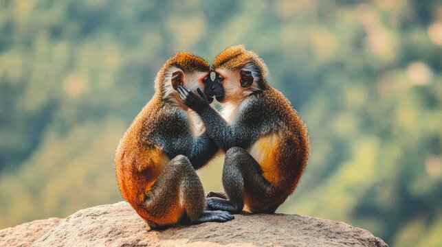 Close-up of two monkeys grooming each other's fur while sitting on a rocky surface, with a lush forest background, symbolizing social bonding. --chaos