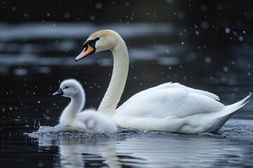 Fototapeta premium Mute swan and cygnet swimming on lake in snowfall