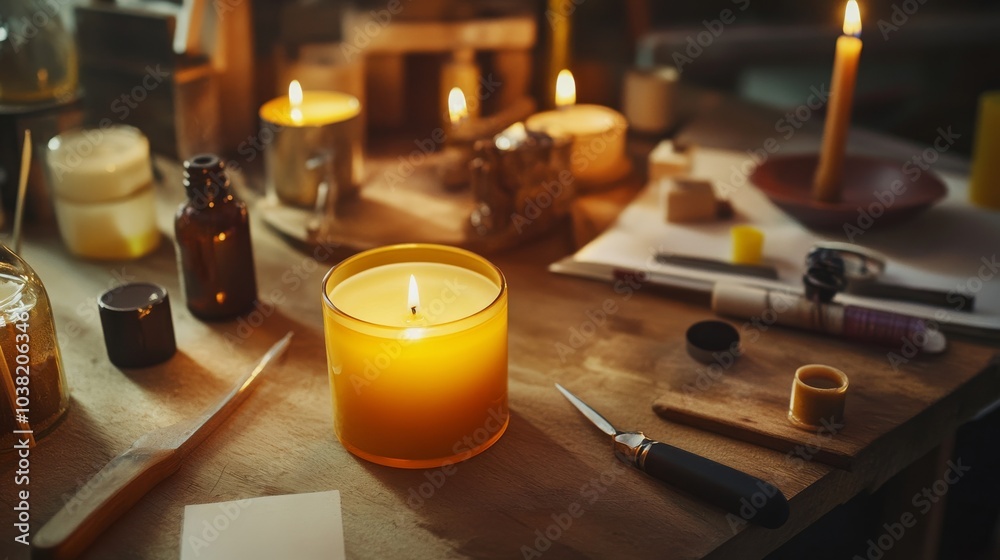 Poster a cozy candle-making workshop with wax and molds, candle-making tools and fragrant oils neatly organ