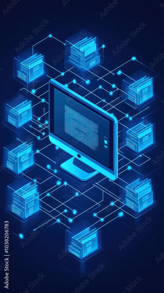 Poster a computer monitor displays a network of boxes with a blue background. the boxes are connected by li