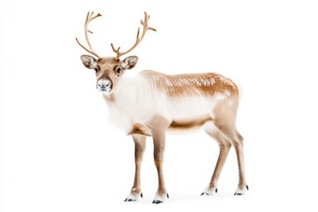 Fototapeta premium Full-length portrait of a reindeer with soft brown fur and antlers in a winter setting against a white background