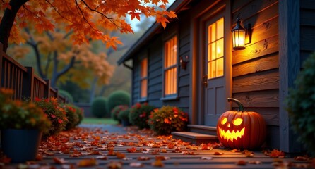 A cozy autumn front porch with a carved pumpkin glowing in the dusk light, colorful leaves swirling through the air, and a warm lantern hanging by the door.