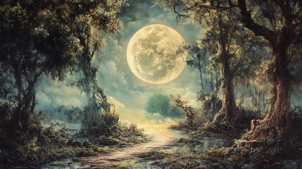 Fototapeta premium A mystical landscape with a giant moon illuminating a path through an ethereal forest