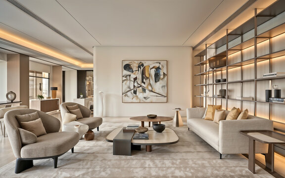 A modern, elegant living room with a warm and inviting atmosphere. The design features plush armchairs, a sleek beige sofa, abstract wall art, and illuminated shelving