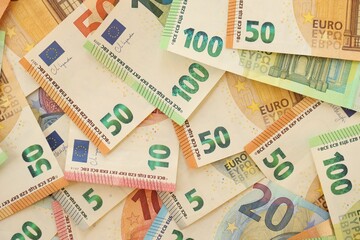 Pile of euro paper banknotes as finance background