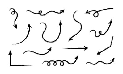 Set of black hand-drawn grunge doodle chalk arrows. Symbols of direction pointers and brush arrow elements for the infographic. Various arrows for web design or interface. Vector direction navigation.