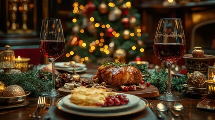 Fototapeta premium Christmas meal, served on the table with decoration christmas