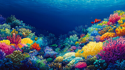 Fototapeta premium Vibrant coral reef teeming with colorful fish and marine life, underwater scene.