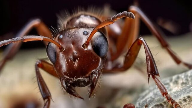 Close up of red ant on brown surface, showing detailed anatomy and textured exoskeleton. Segmented legs and antennae visible