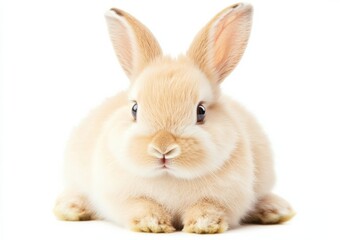 Obraz premium Soft fluffy white rabbit in a winter setting with a calm expression against a minimalist white background