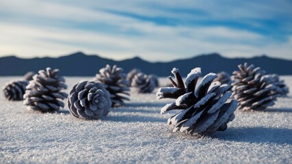 Frosted Pine Cones on Snow with Distant Mountain Silhouette