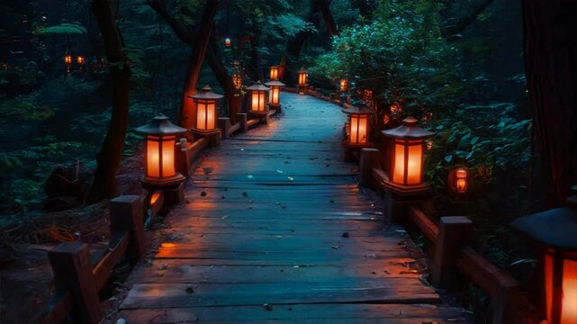 Serene pathway illuminated by glowing lanterns in tranquil forest landscape, inviting exploration and evoking sense of peace and wonder in nature at night.