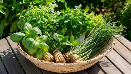 Naklejka premium Freshly Picked Herbs and Greens in a Garden Basket