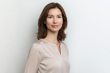 Clean and elegant headshot of a woman standing against white background