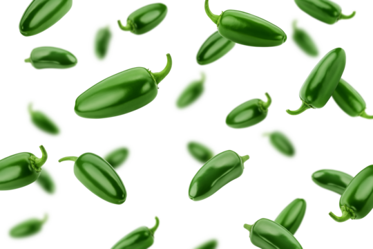 Falling Jalapeno Pepper, isolated on white background, selective focus