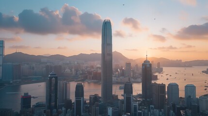Fototapeta premium A panoramic view of Hong Kong's skyline at sunset.
